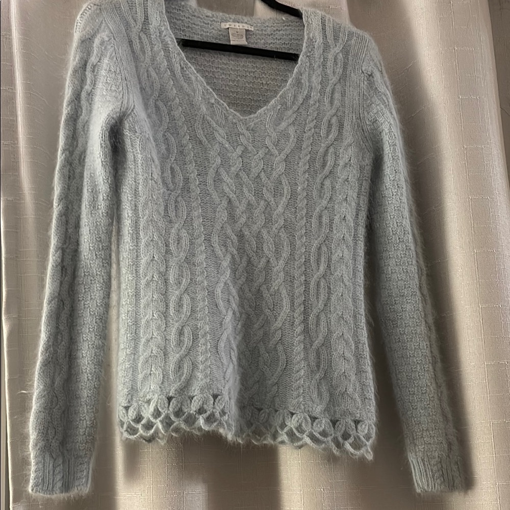 Tweeds light Blue V-Neck Cable Knit Sweater Angora‎ Lambswool Nylon - size M
